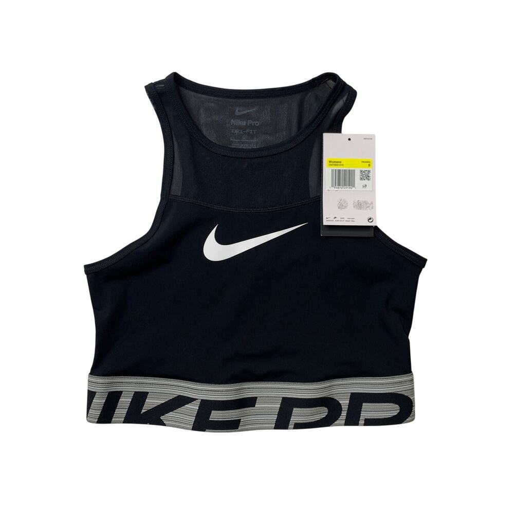 Nike Pro Top Womens S Small Black Dri Fit Cropped Logo Swoosh Band Sheer Panels